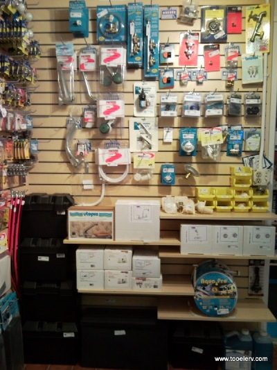 Stocked RV and marine parts shelving inside the retail store