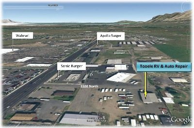 Aerial view of the Tooele repair facility and storage lot on 1100 North
